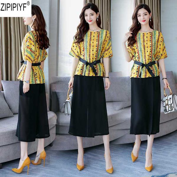 

2018 new fashion summer women o-neck floral chiffon blouse + knee-length wide leg pants two piece ladies trousers set c1420, White