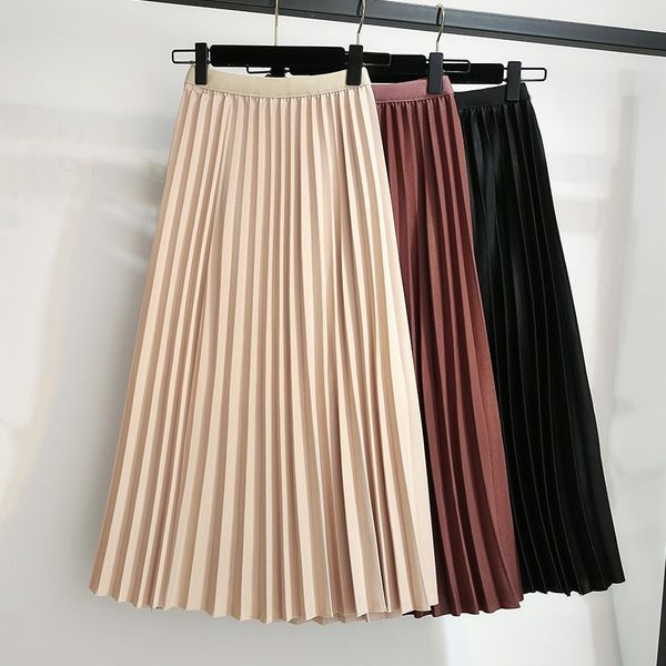 

elegant solid midi pleated skirt women 2020 spring ladies korean red black high waist a-line school long skirt female