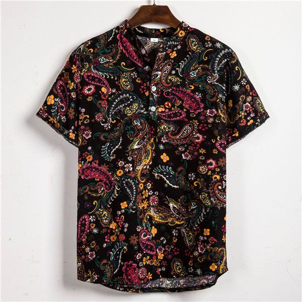 

vintage printed mens designer shirts beach holiday style casual loose short sleeved lapel neck shirts fashion men shirts, White;black