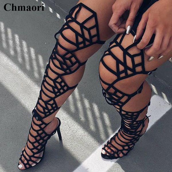 

women new fashion black suede leather buckle design over knee gladiator boots cut-out thin high heel long boots