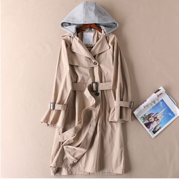 

casual detachable hooded long trench coat women 2020 spring autumn new loose lace long thin coat female windbreaker outerwear, Tan;black