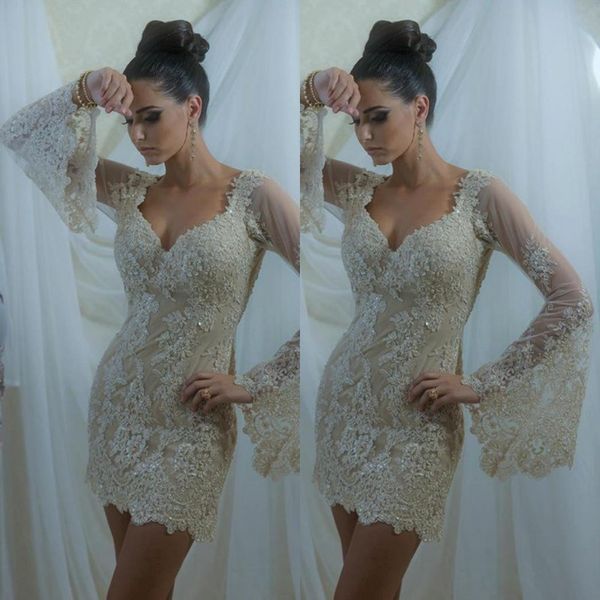 

v neck short cocktail dresses full lace long poet sleeve sequin mini sheath above knee 2019 formal party prom gowns, Black