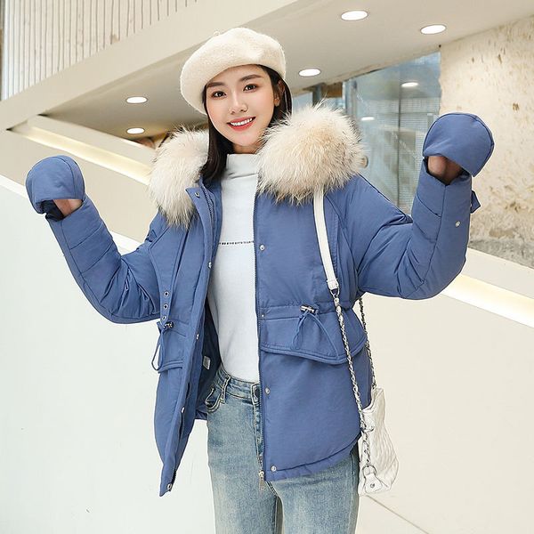 

2019 new korean style thick cotton clothing women's hooded wadded coat jacket with gloves parka clothes, Black