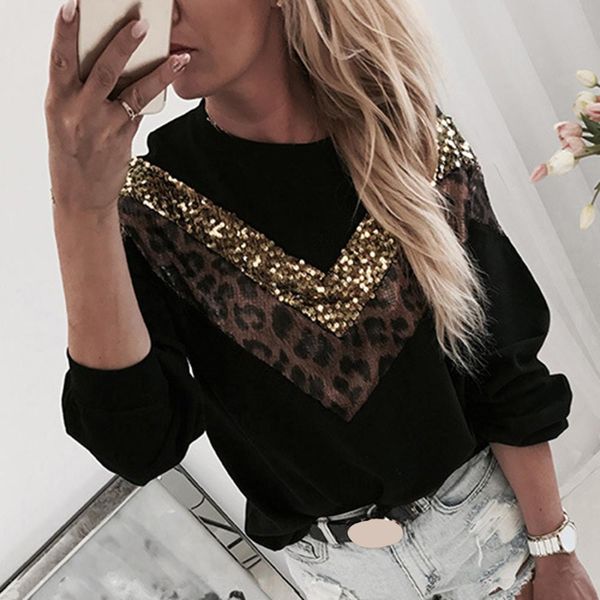 

women's hoodies & sweatshirts leopard chic women long sleeve sequins patchwork sewing autumn fashion teenagers girls sweatshirt, Black
