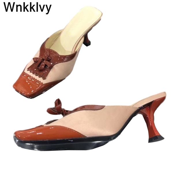 

shoes women kitten heels 2020 dress party slippers sqaure toe sandals satin silk patchwork fringe tassel runway summer shoes, Black