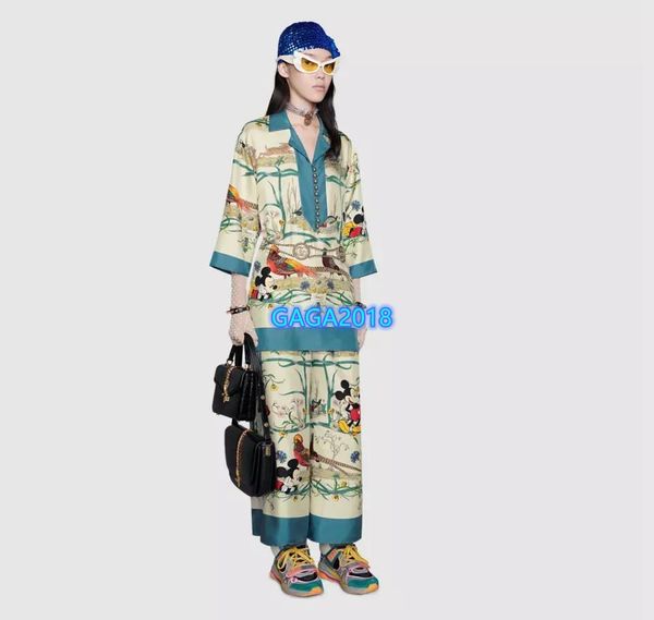 

high-end женщины девушки пижама рубашка набор озеро красочные водоплавающих птиц мотив пик-отворот блузка топы свободные широкие брюки брюки, White