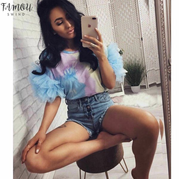 

women summer tulle ruffle short sleeve o neck ultrathin and soft t shirt ladies casual and loose solid grid t shirts, White