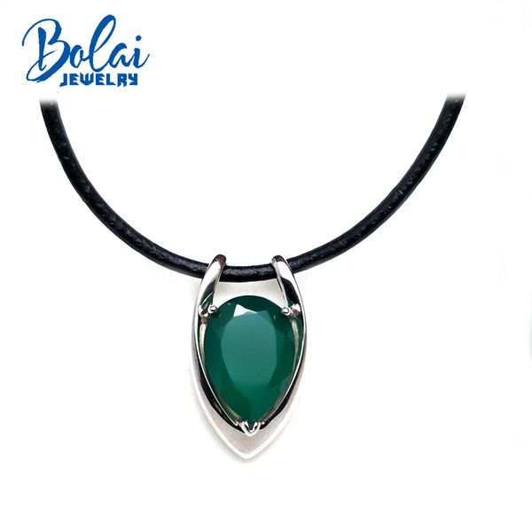 

bolaijewelry,925 sterling silver with natural green agate gemstone pendant necklace with leather chord fine jewelry for women