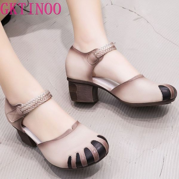 

gktinoo summer women's sandals 2020 new ethnic genuine leather comfortable thick high heel sandals women shoes, Black
