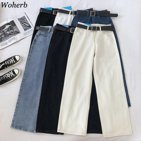 

woherb solid color straight denim pants high waist jeans women casual fashion loose basic trousers 2020 new korean style 91644, Blue