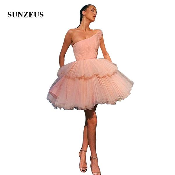 

one shoulder short prom dresses with pleats tiered tulle skirt party gowns pink dance dress 2020, White;black