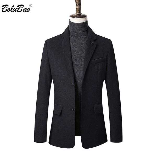 

bolubao men spring autumn wool coat men's new casual solid color slim fit wool blends woolen pea coat male trench overcoat, Black