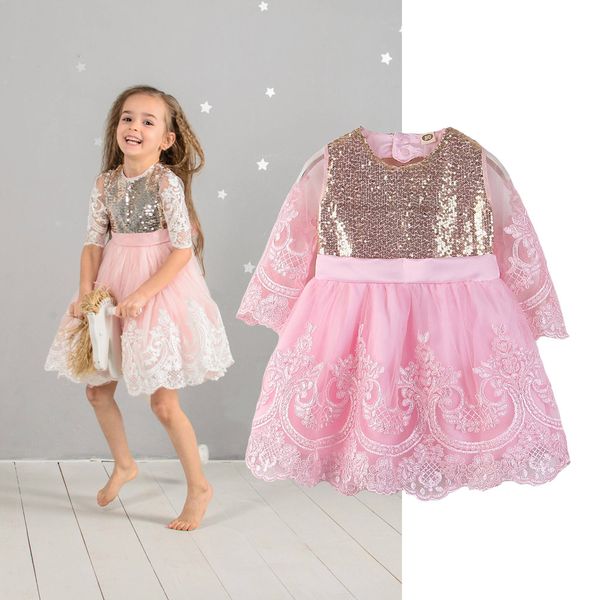 

retail 2019 baby girls bow sequin princess dress kids summer embroidered kids gauze back hollow birthday party dress children ruffle dresses, Red;yellow