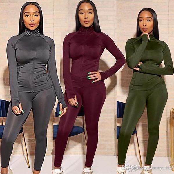 

brand women two piece outfits skinny long sleeve stand collar pencil pants ladies 2pcs sets sports slim women clothes, Gray