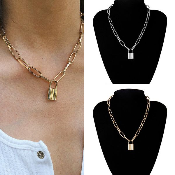 

панк замок кулон цепи ожерелье для женщин девушка старинные геометрические ювелирные изделия серебряный цвет дикое заявление модные аксессуа, Silver