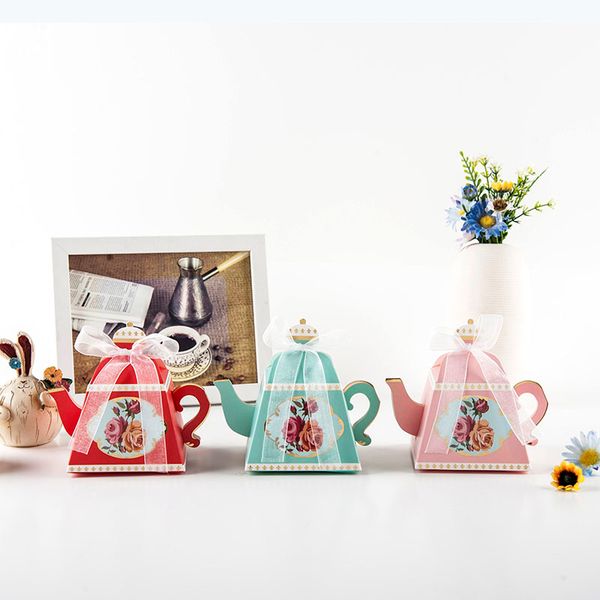 

50pcs teapot shaped wedding candy box flower design gift boxes wedding favour candy box for packaging event & party supplies
