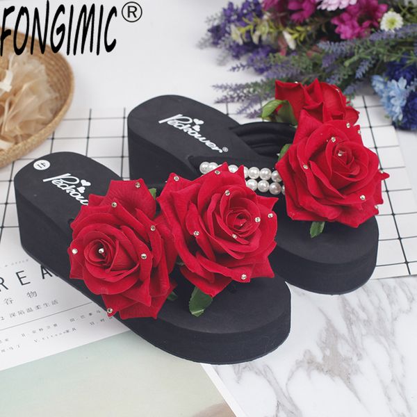 

6cm high heel women's handmade slippers for women summer flip decoration female indoor high heel bohemia beach sandal slippers, Black