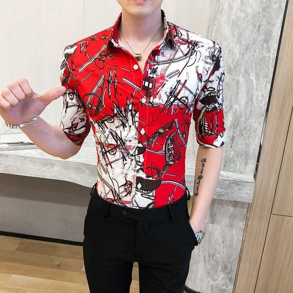 

высококачественные дизайнерские рубашки мужчин повседневный половина рукава рубашки 2020 летняя печать slim fit streetwear social night club, White;black