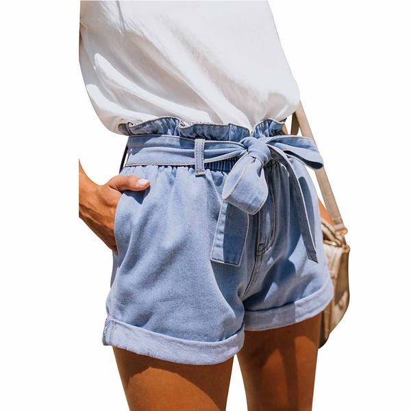 

светло-синий бумажный мешок талии джинсовые шорты, White;black