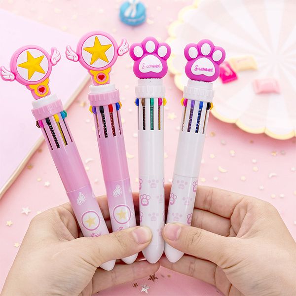 

cute kawaii cartoon magic japanese sakura cat-pad press ballpoint pen 10-color ball pen multi-colored for kids school stationery, Blue;orange