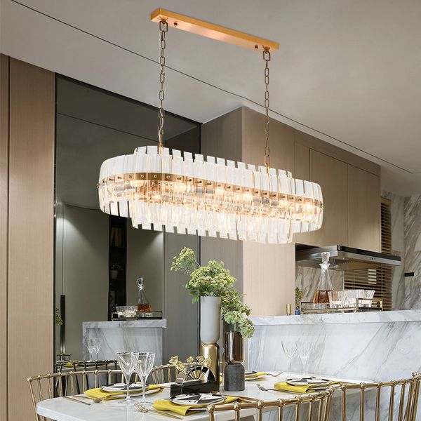 Lampadario moderno in bronzo dorato Illuminazione Design ovale Catena Lampadario di cristallo Sala da pranzo Lusso LED Lustres De Cristal UPS