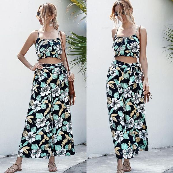 

adfvat women vintage printed bohemian two piece set spaghetti strap crop and high waist loose long pants sj-s0045, White