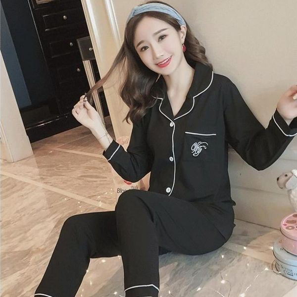 

set black pajamas long-sleeved pajamas ladies new korean version of the suit spring and autumn lapel home service thin section, Black;red