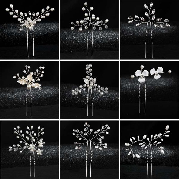 

metal silver gold luxury handmade rhinestone wedding hair pins crystal flower leave pearls womens hair jewelry accessories, Golden;white