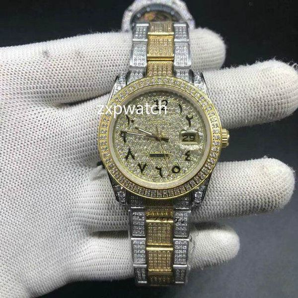 

full diamond arabic numeral dial watch 37mm luxury iced out watch automatic men silver gold two tone waterproof stainless diamond watch, Slivery;brown