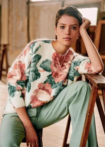 

2020 spring vintage большой пион цветочный цветок цвет печатный мохер печатный высокий qulity женщины свитер, White;black