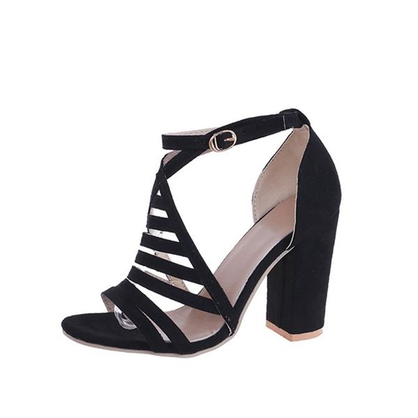 

women summer fashion square heels high heels ladies ankle buckle pumps female sewing solid open toe woman shoes 2020 new, Black