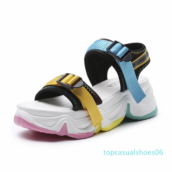 

rainbow sole open toe sport sandals women color buckle casual platform wedge sandals summer beach shoes women 2020 t06, Black