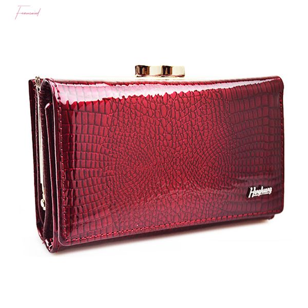 

women genuine leather alligator short wallet female zipper hasp large capacity crocodile calf leather small purse, Red;black