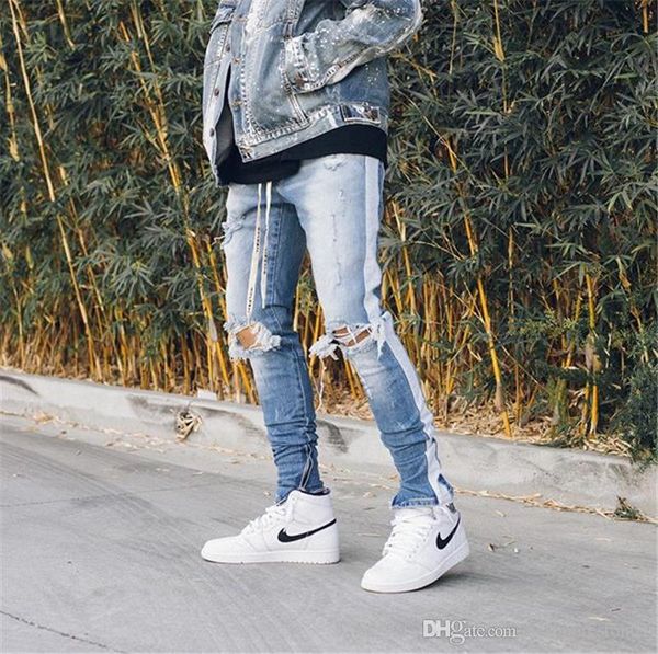 

весна mens side полосатый джинсы hole разорванные твердые мужской карандаш штаны молния fly повседневный hiphop мальчики моды брюки, Blue