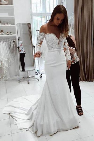 

elegant mermaid wedding dresses lace long sleeves applique sheer neck court train satin wedding bridal gowns, White