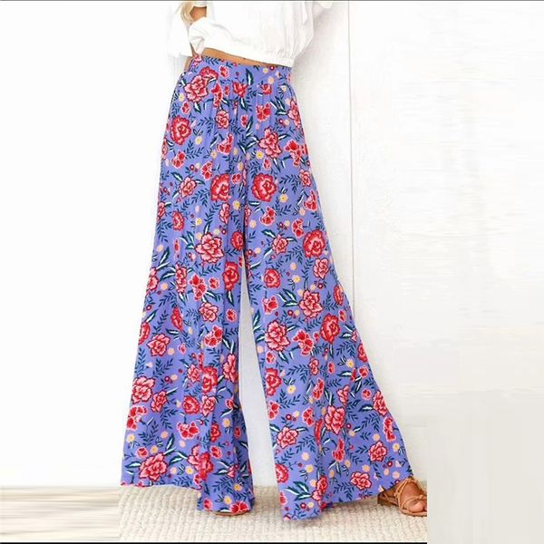 

floral high waist pants summer 2019 bohemian vintage wide leg pants women beach boho streetwear loose casual trousers, Black;white