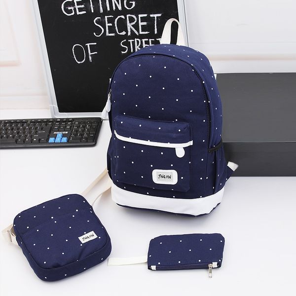

canvas casual backpack picture three-piece set women's bag hipster large capacity schoolbag polka dot backpack