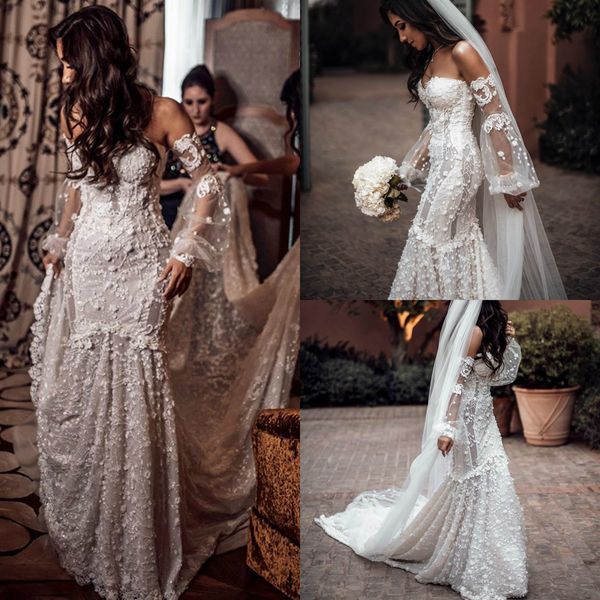 

великолепный 2020 русалка бисер свадебные платья 3d кружева аппликация с плеча с длинным рукавом свадебные платья развертки поезд свадебное, White