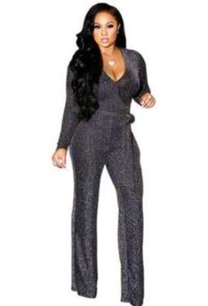 

deep v neck wide leg jumpsuit women loose long sleeve elegant romper with sashes ribbed nightclub party overalls ae249, Black;white