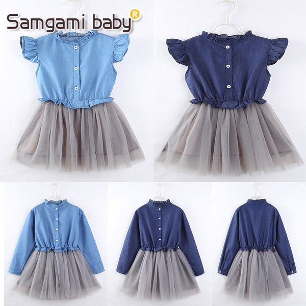 

designer cotton denim stitching skirt dresses cute baby summer backless halter dress kids vintage flower dresses, White