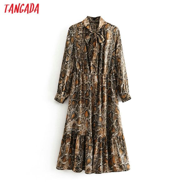 

tangada women snake print midi dress long sleeve 2019 autumn winter vintage bow tie lady female dress vestidos 3h03, Black;pink