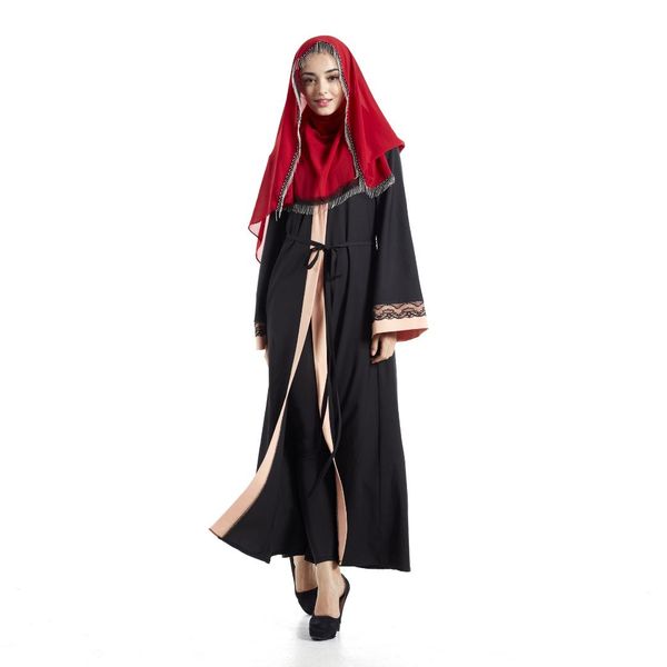 

2019 muslim dress women islamic clothing moroccan kaftan chiffon lace open patchwork loose abayas robe dubai abaya turkish, Red
