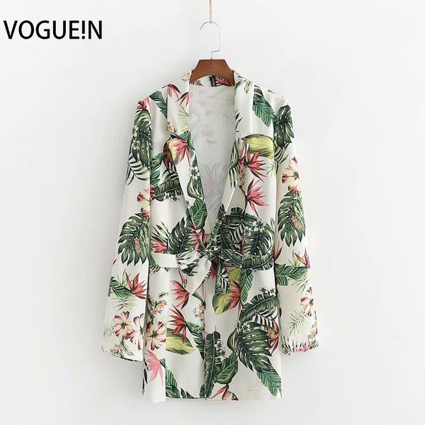 

voguein new womens fashion tropical floral print long sleeve tie belt suit coat blazer wholesale, White;black