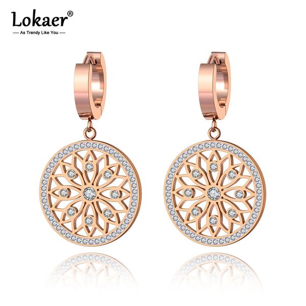 

lokaer original design stainless steel flower rattan disc earrings jewelry trendy cz crystal hoop earrings for women girl e19269, Golden
