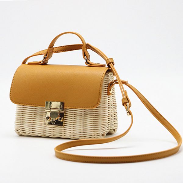 

caker 2020 women ratton straw handbag fashion yellow pu leather+straw beach bags wholesale