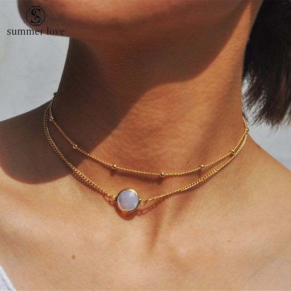 

2019 new bohemian fashion small beads double charm necklace for women round gemstone pendant gold chain choker necklace party jewelry, Silver