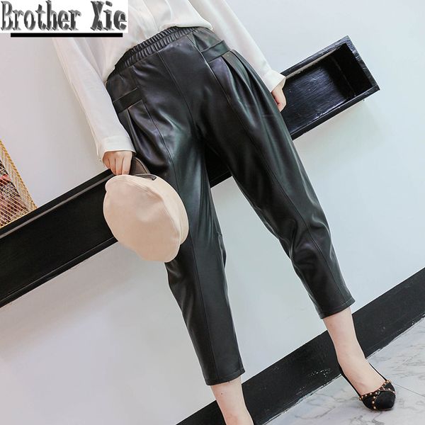 

2020 loose harem real leather pants women fashion black sheepskin genuine leather ladies ankle length trousers female streetwear, Black;white
