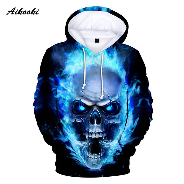 

aikooki 3d skull hoodies men/women hoody sweatshirts 3d print blue fire design skull hooded boys/girls polluvers autumn, Black