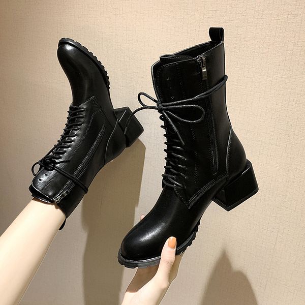 

brand women's shoes rubber boots booties ladies low heels booties boots-women round toe winter footwear lace up zipper fashion, Black