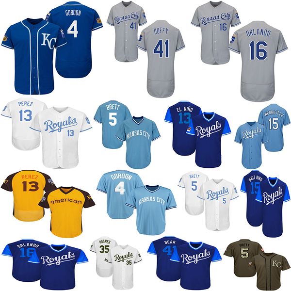 

kansas 13 salvador perez city 15 whit merrifield 35 eric hosmer jersey royals 16 bo jackson 4 alex gordon men baseball jerseys, Blue;black